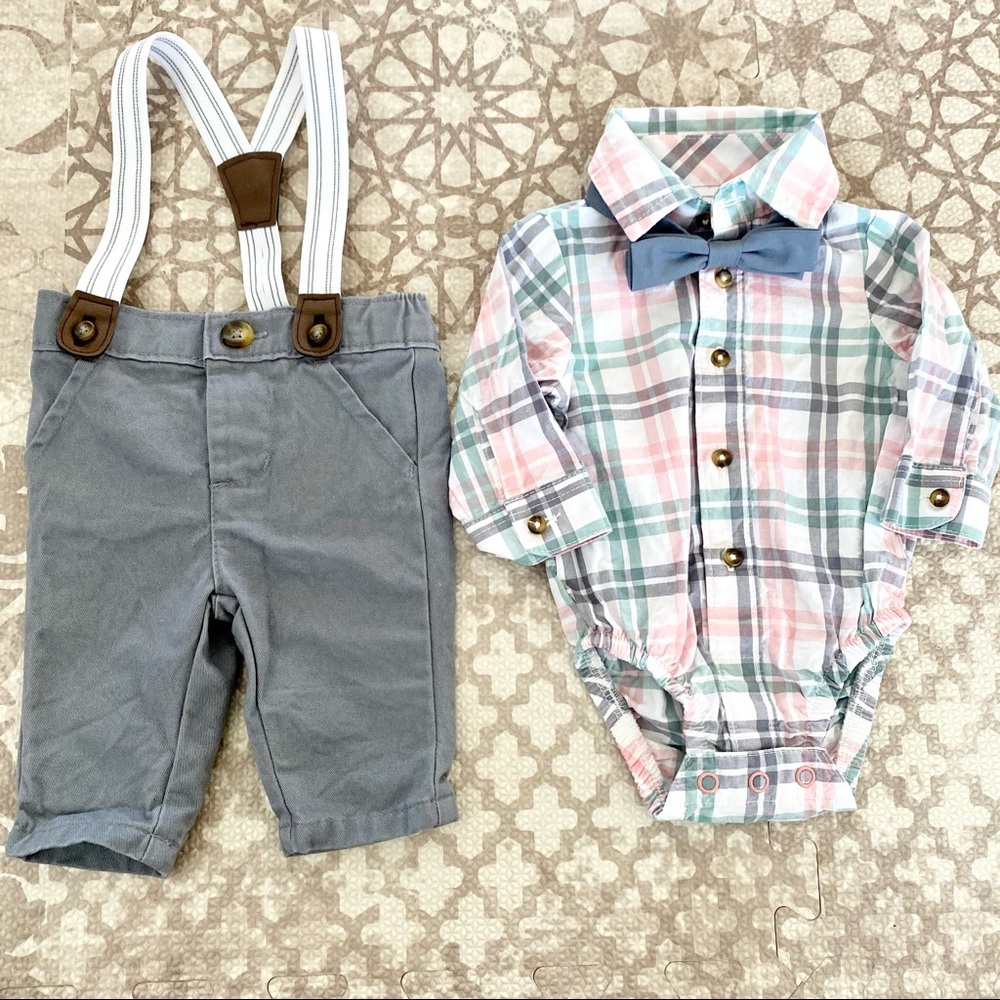 Baby boys Newborn dressy plaid onesie with bow tie and suspenders Easter outfit